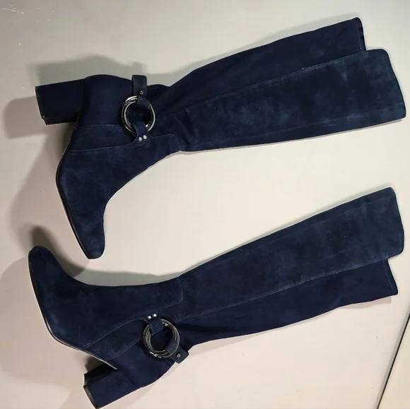 Karl Lagerfeld Navy Suede  Stretch Knee Boots 7.5M Block Heel - Picture 2 of 15